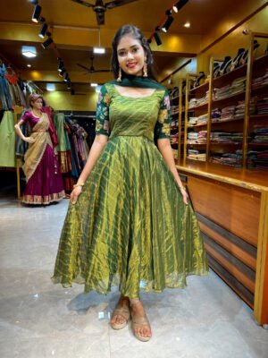 Bottle Green Crushed Tissue Anarkali