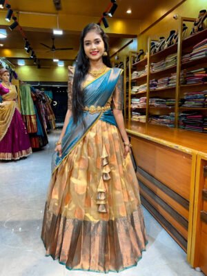 Gold with Teal Blue Banaras Half Saree