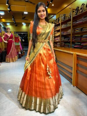 Peach with Bottle Green Crushed Tissue Half Saree