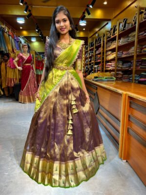 Purple with Parrot Green Crushed Tissue Half Saree