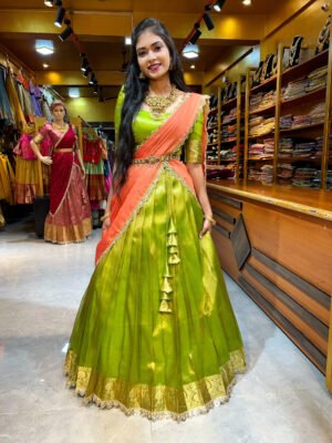 Parrot Green with Peach Tissue Half Saree