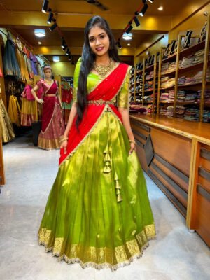 Parrot Green with Red Tissue Half Saree