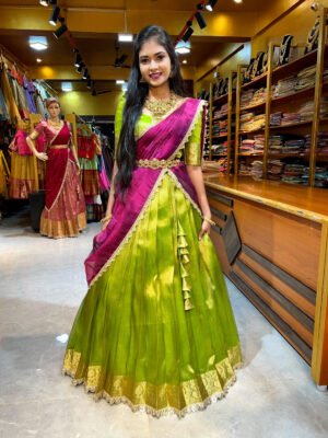 Parrot Green with Magenta Tissue Half Saree