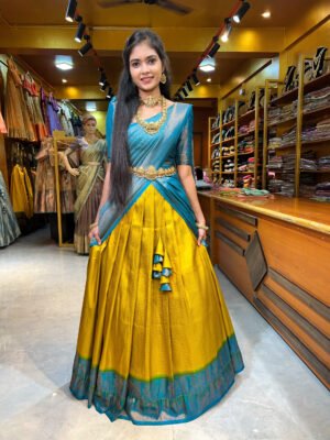Mehendi Yellow with Teal Blue Half Saree