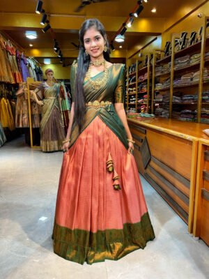 Peach with Bottle Green Half Saree