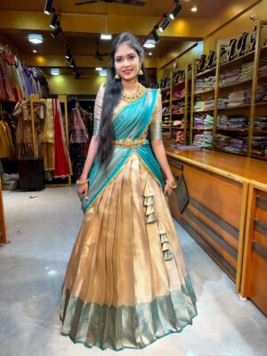 Cream Silk Tissue with Sea Green Half Saree