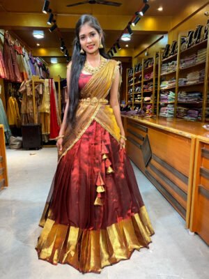 Maroon Silk Tissue with Metallic Gold Half Saree