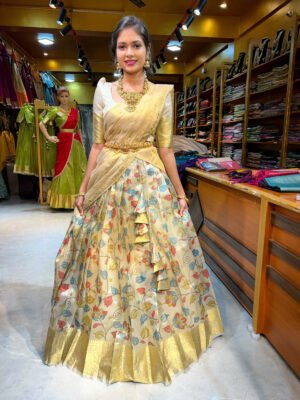Onam - Off White Floral Tissue Half Saree