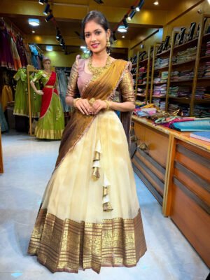 Onam - Off White tissue with Brown Half saree