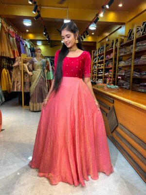 Rani Pink Velvet with Peach Crushed Silk Gown