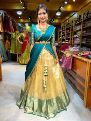 Onam - Off White Strip with Teal Green Half Saree