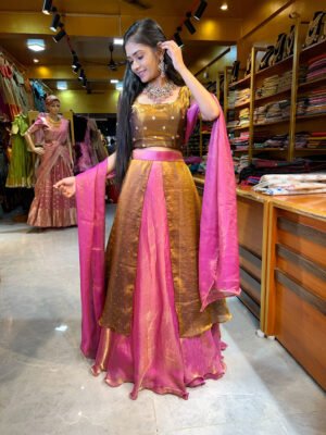 Rose Gold With Metallic Gold Fendy Silk Lehenga