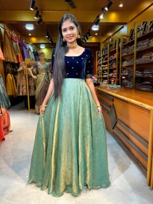 Navy Blue Velvet with Sea Green Crushed Silk Gown