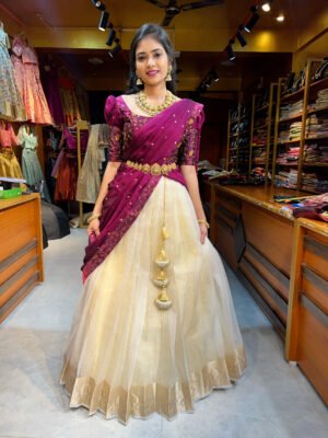 Onam - Off White tissue with Wine Half saree