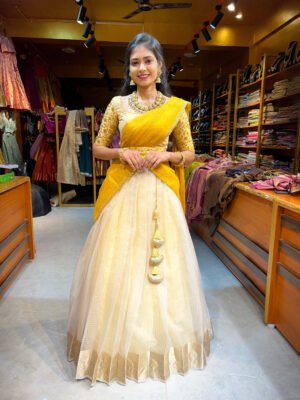 Onam - Off White tissue with Mustard Half saree