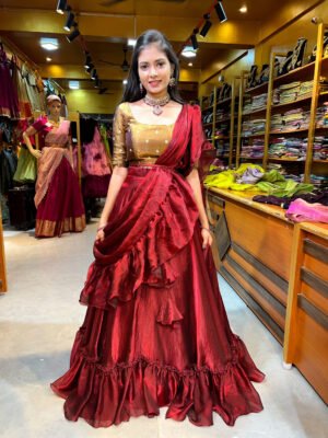 Maroon With Metallic Gold Fendy Silk Lehenga