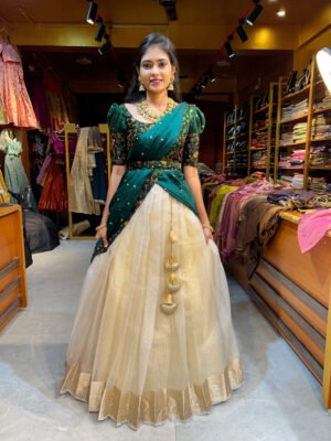 Onam - Off White tissue with Bottle Green Half saree
