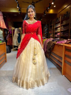 Onam - Off White tissue with Red Half saree