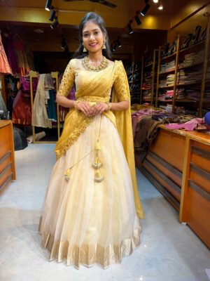 Onam - Off White tissue with Gold Half saree
