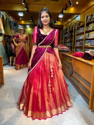 Rose Gold Stripe with Wine Velvet Half Saree