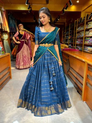 Peacock Blue Cotton Half Saree