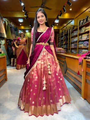 Rose Gold Butti with Wine Velvet Half Saree