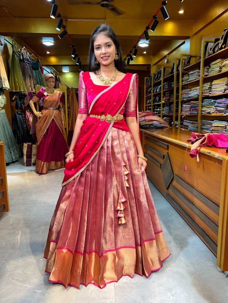 Rose Gold with Rani Pink Velvet Half Saree