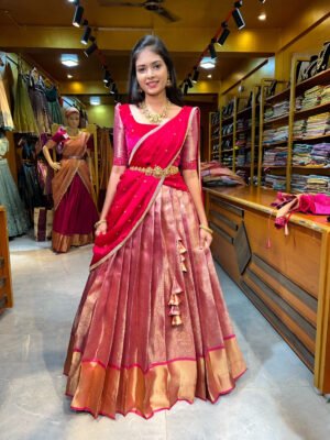 Rose Gold with Rani Pink Velvet Half Saree