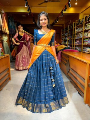 Peacock Blue with Yellow Cotton Half Saree
