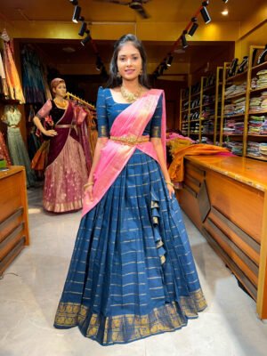 Peacock Blue with Baby Pink Cotton Half Saree