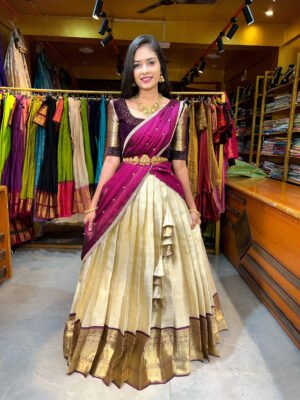 Off White with Wine Velvet Half Saree