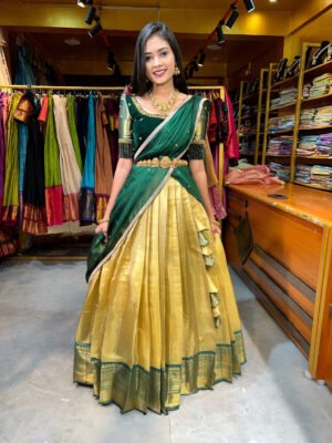 Gold with Bottle Green Velvet Half Saree