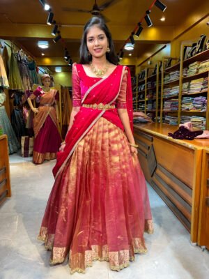 Rose Gold Crushed with Rani Pink Velvet Half Saree