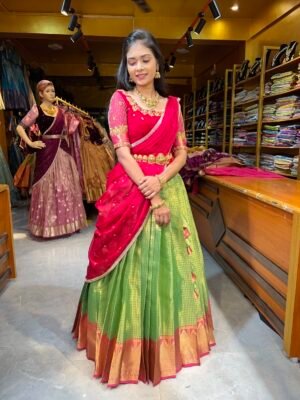 Grass Green with Rani Pink Velvet Half Saree