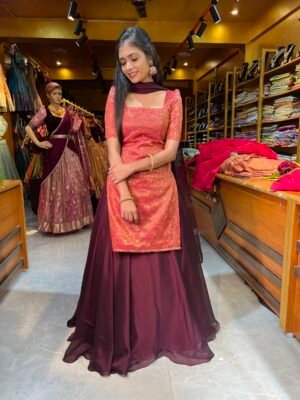 Dark Pink and Coffee Embroidery Top and Skirt