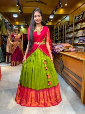 Parrot Green with Rani Pink Cotton Half Saree