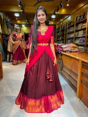 Maroon with Rani Pink Cotton Half Saree