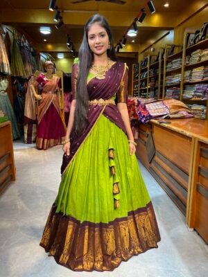 Mehendi Green with Coffee Cotton Half Saree