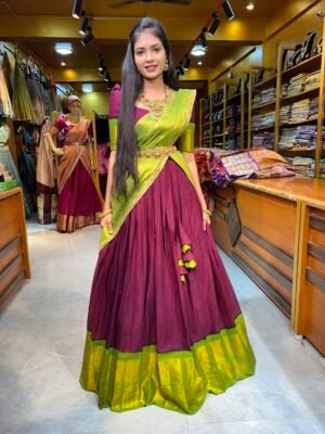 Maroon with Mehendi Green Cotton Half Saree