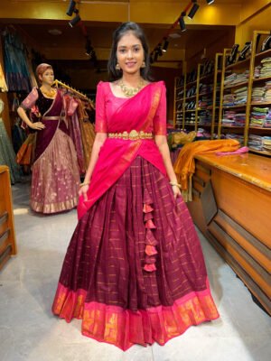 Maroon with Rani Pink Cotton Half Saree