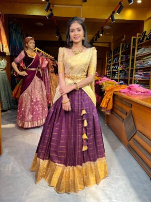 Wine with Off white Cotton Half Saree