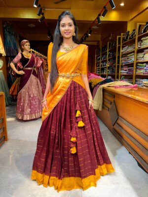 Maroon with Yellow Cotton Half Saree