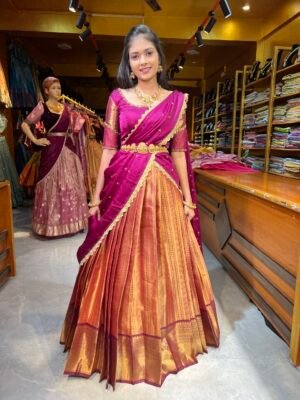 Wine Aari worked Silk Half Saree