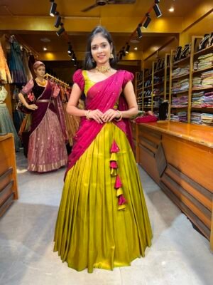 Mehendi Green with Magenta copper zari half saree