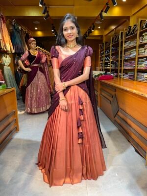 Peach with Coffee copper zari half saree