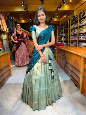 Apple Green with Teal Blue copper zari half saree