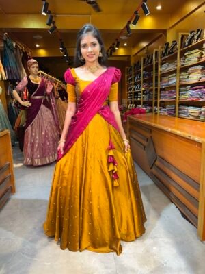 Mustard  Yellow with Wine Silk Georgette half saree