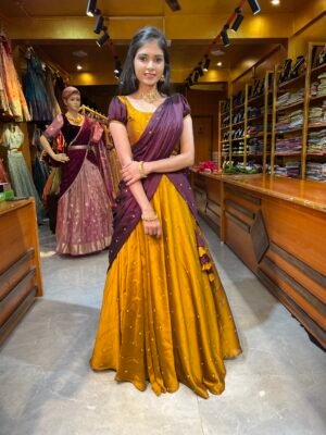 Mustard  Yellow with Coffee Silk Georgette half saree