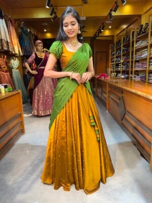 Mustard Yellow with Mehendi Green Silk Georgette half saree