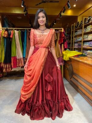 Peach with Maroon Fendy Silk Lehenga